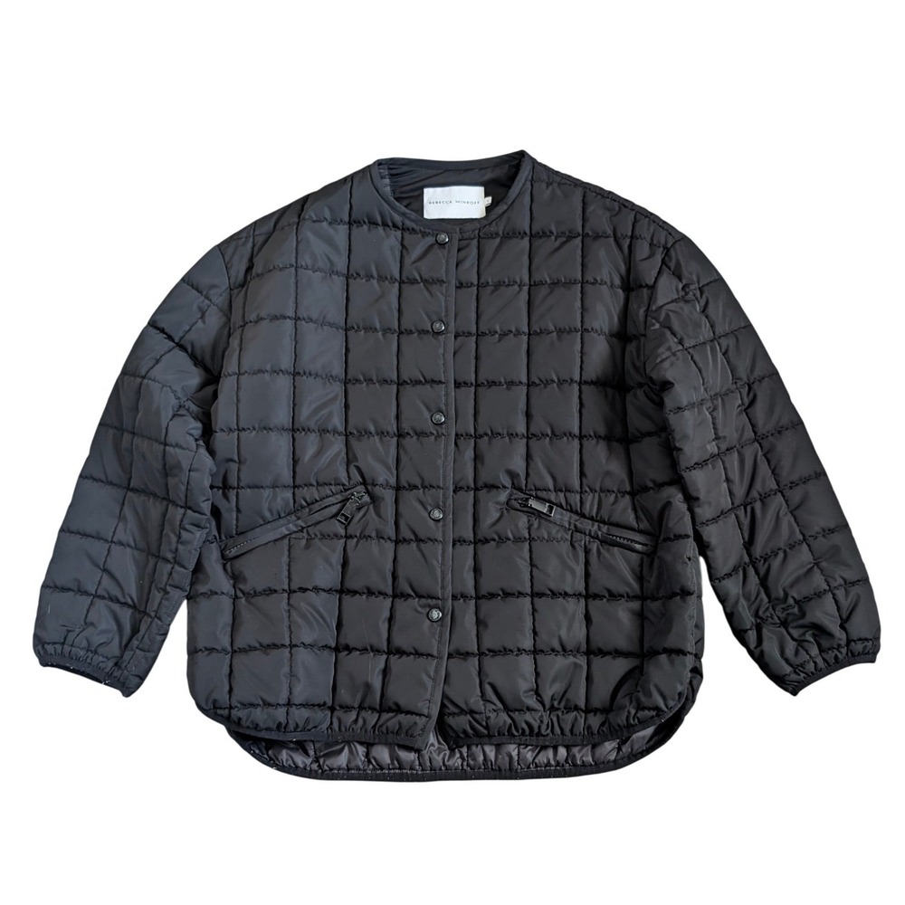 Rebecca Minkoff Jacket Women Large Black Boxy Quilted Snap Front Zip Pockets - Picture 2 of 8